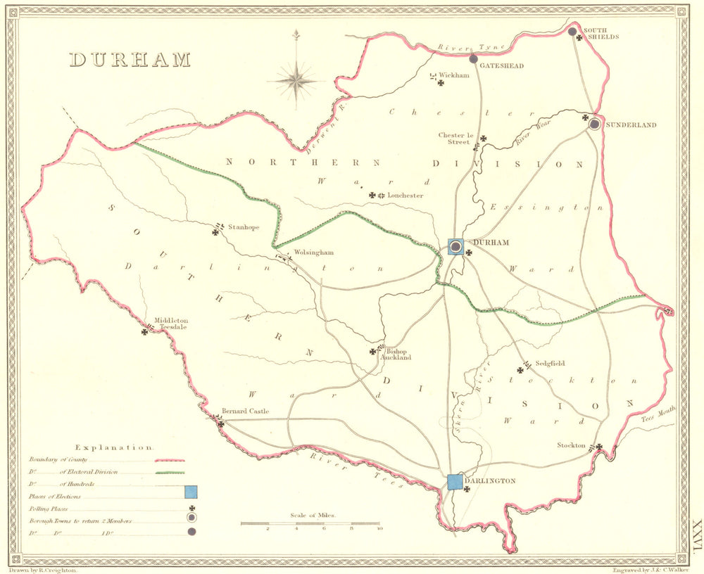 DURHAM. Creighton Walker 1835 old antique vintage map plan chart