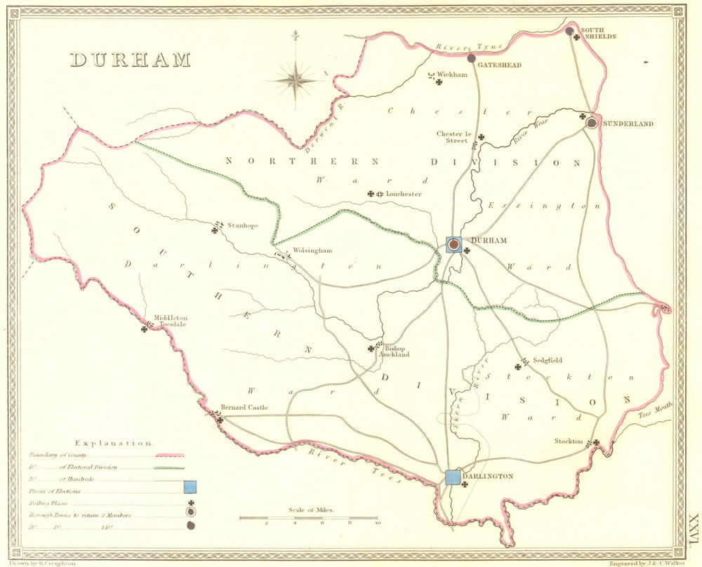 DURHAM. Creighton Walker 1835 old antique vintage map plan chart