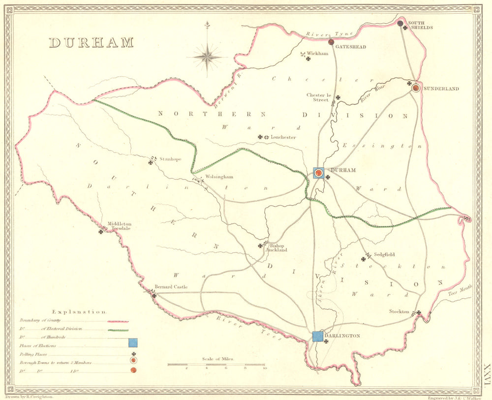 DURHAM. Creighton Walker 1835 old antique vintage map plan chart