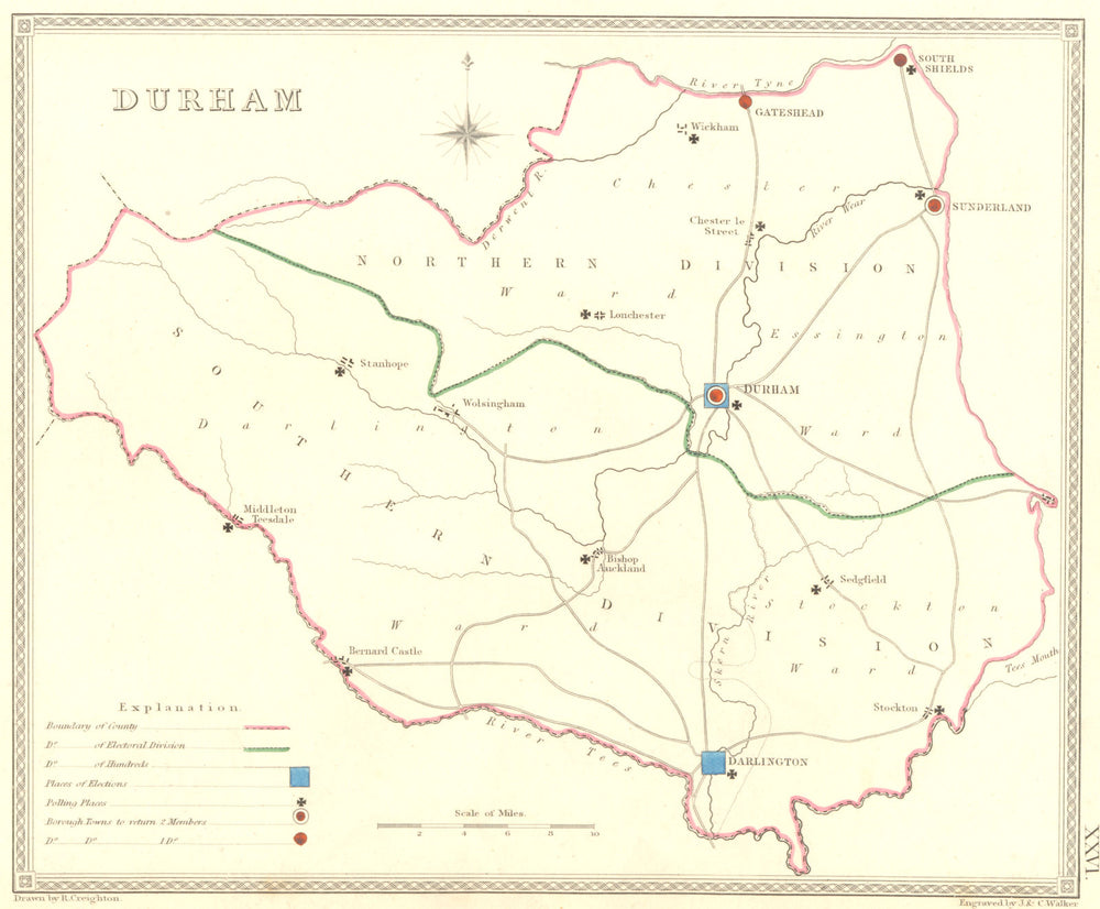 DURHAM. Creighton Walker 1835 old antique vintage map plan chart