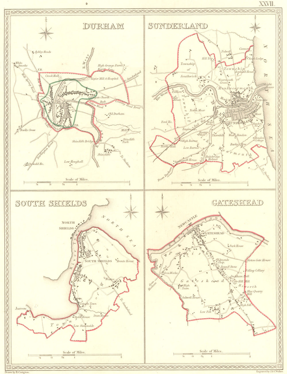 DURHAM; SUNDERLAND; SOUTH SHIELDS; GATESHEAD.  1835 old antique map plan chart