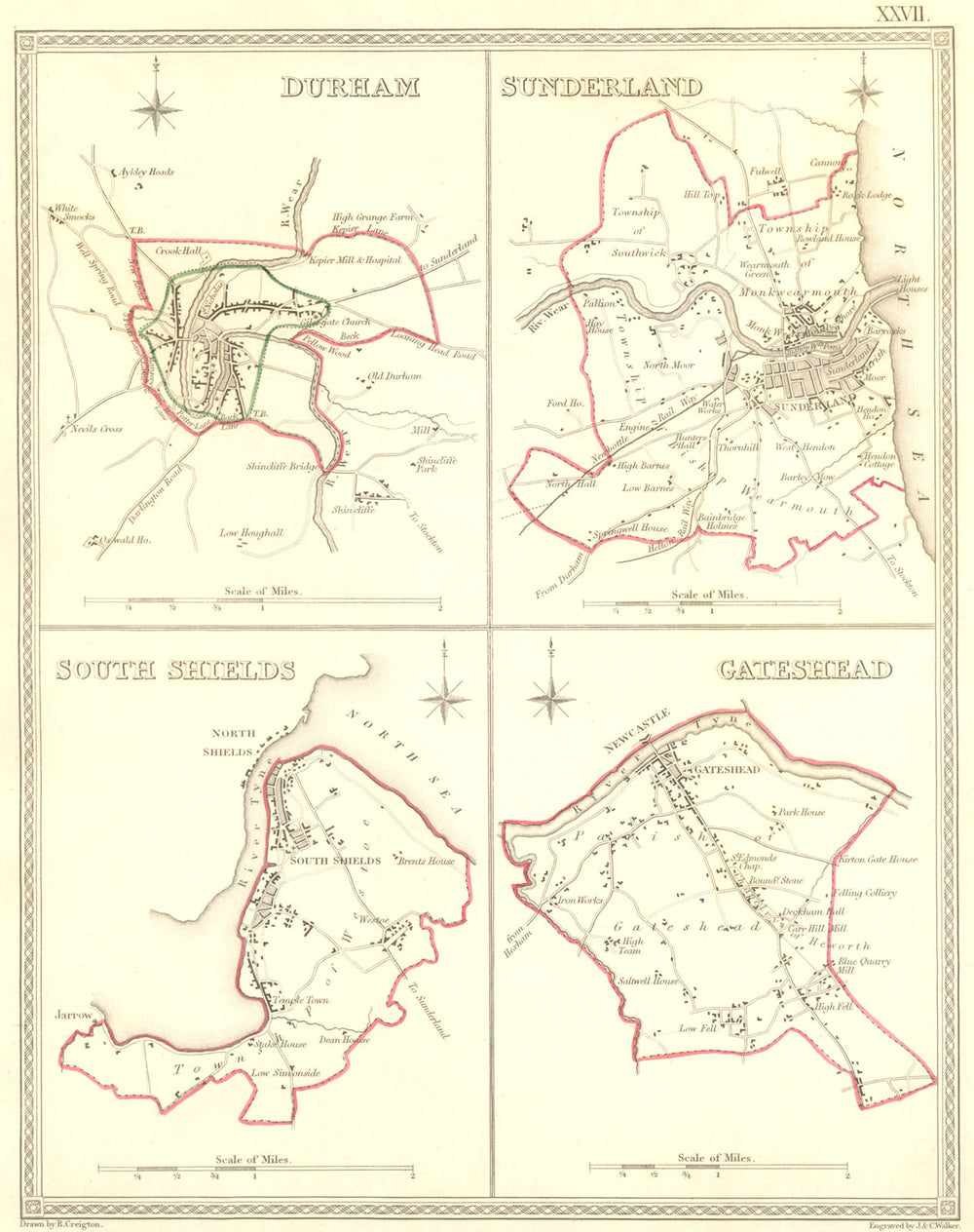 DURHAM; SUNDERLAND; SOUTH SHIELDS; GATESHEAD.  1835 old antique map plan chart