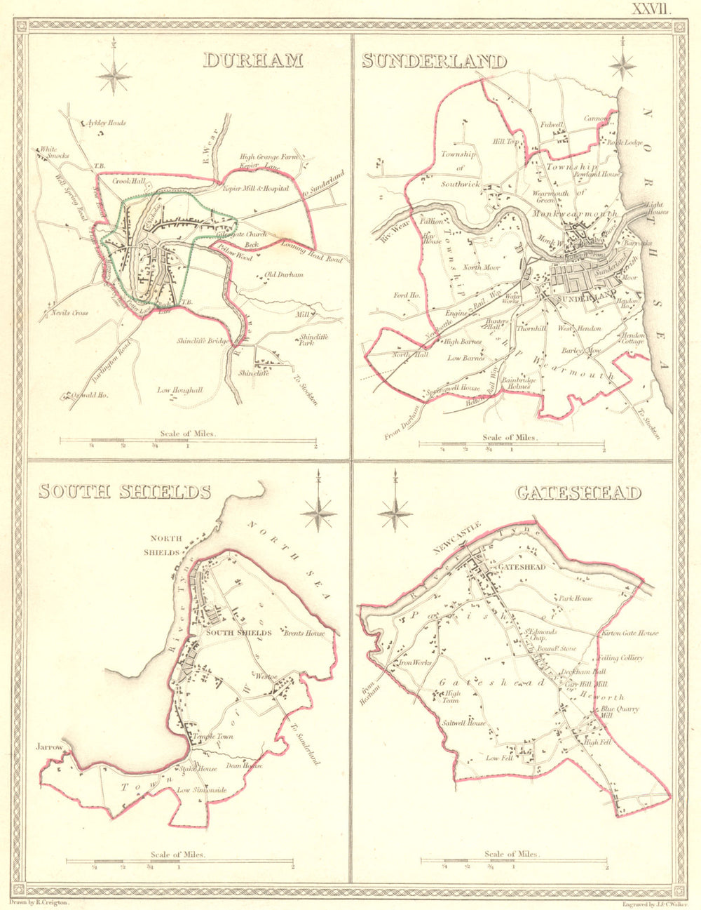 DURHAM; SUNDERLAND; SOUTH SHIELDS; GATESHEAD.  1835 old antique map plan chart