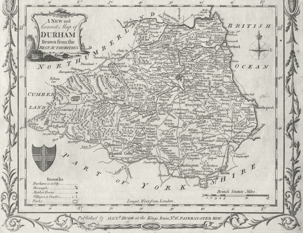 DURHAM. Walpoole Hogg. CT Shield 1784 old antique vintage map plan chart