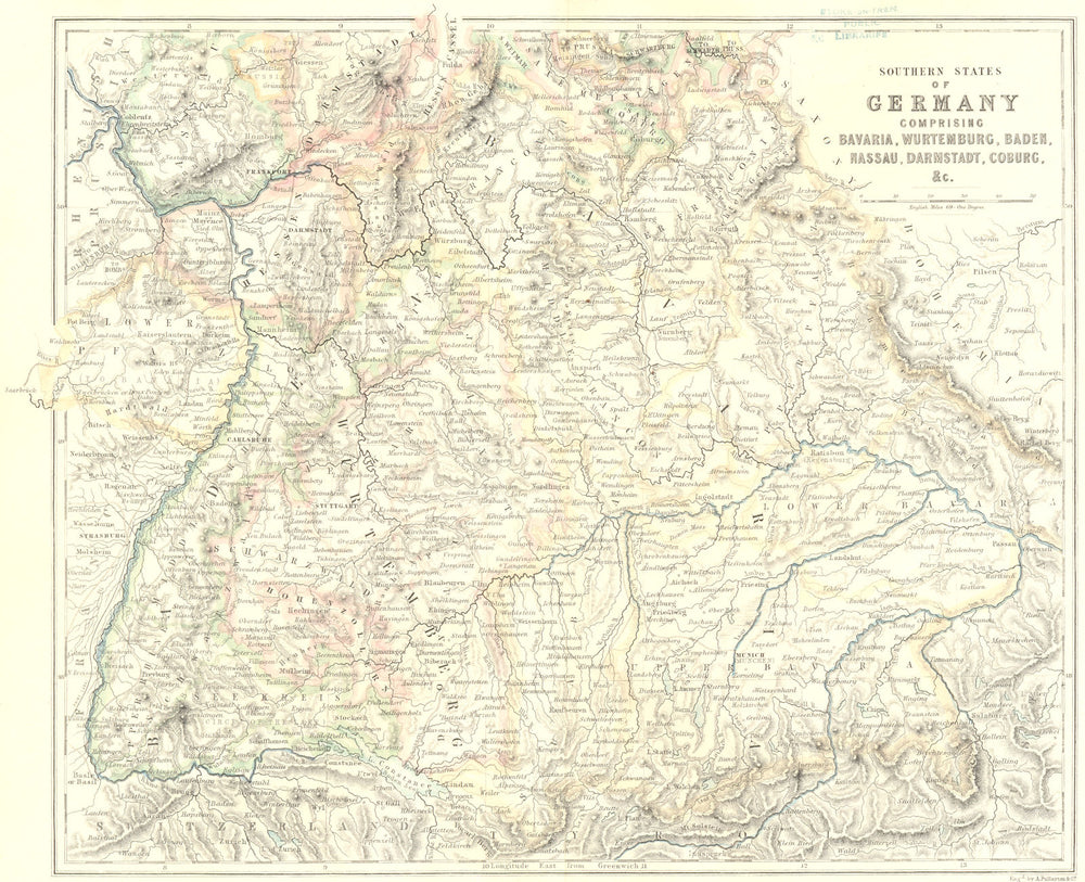 BAYERN, WURTEMBURG, NASSAU, DARMSTADT, COBURG.  1856 old antique map chart