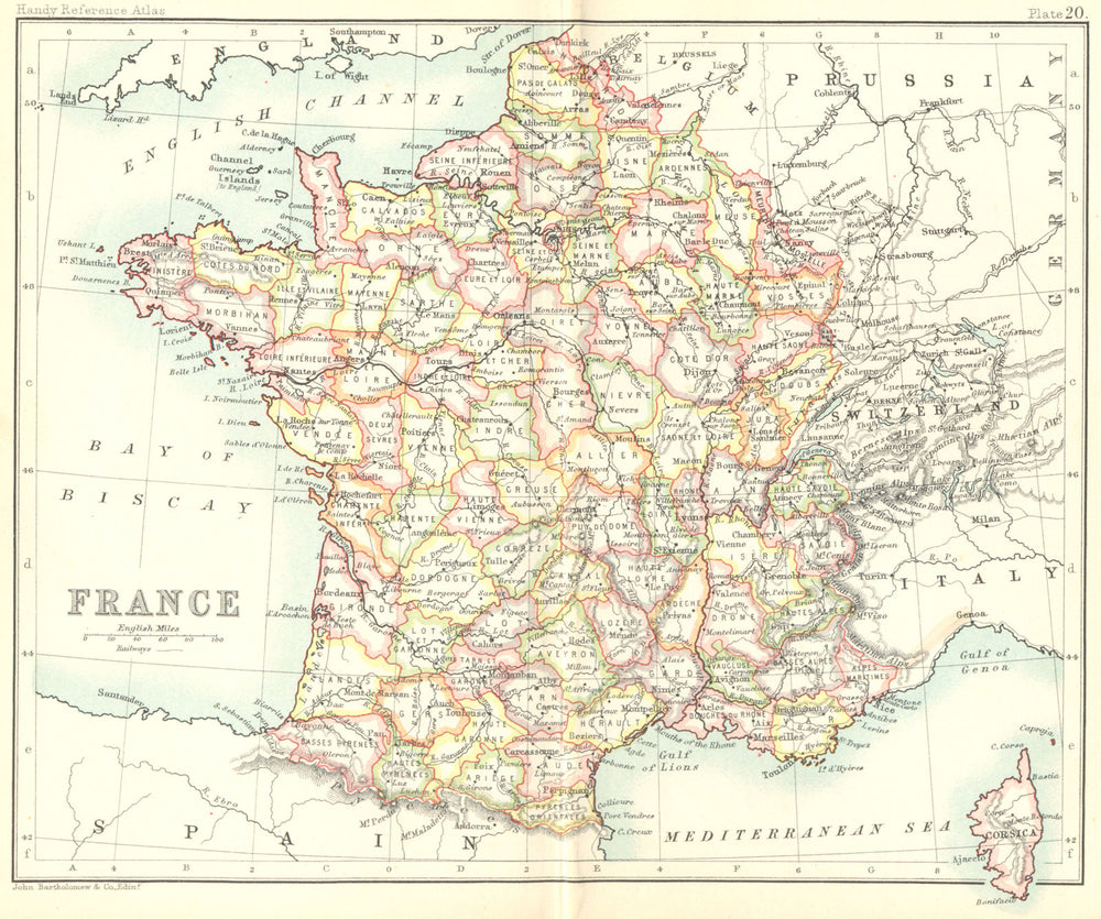 FRANCE. Walker Bartholomew 1896 old antique vintage map plan chart