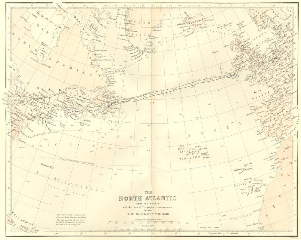 NORTH ATLANTIC OCEAN. Telegraph cables. Virtue 1868 old antique map plan chart
