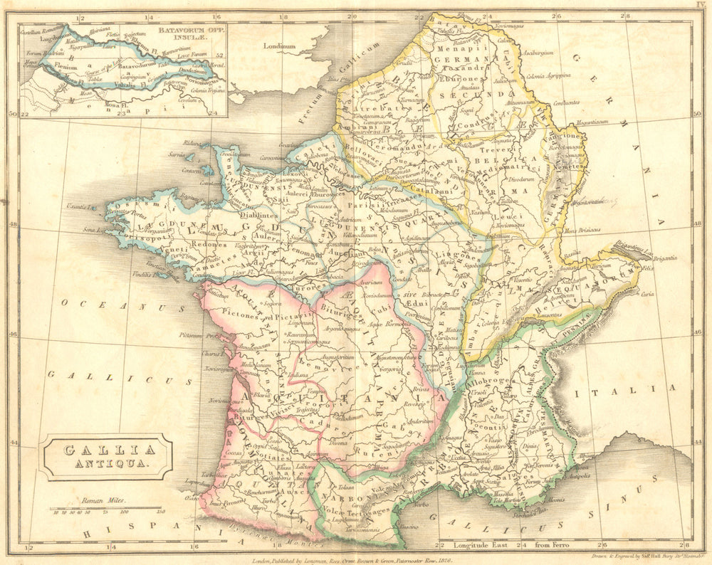 FRANCE. Ancient Roman Gaul Gallia Antiqua. Hall 1826 old antique map chart