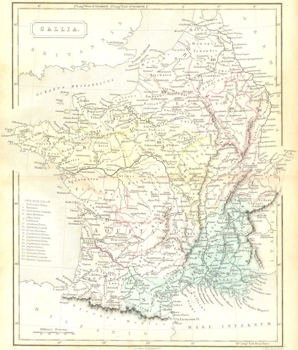 FRANCE. Ancient Roman Gaul Gallia Antiqua. Hall 1861 old antique map chart