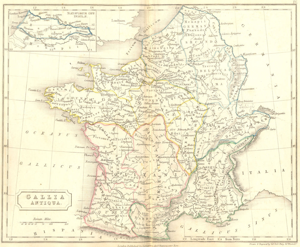 FRANCE. Ancient Roman Gaul Gallia Antiqua. Hall 1830 old antique map chart