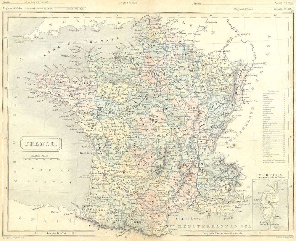 FRANCE. Sidney Hall 1850 old antique vintage map plan chart