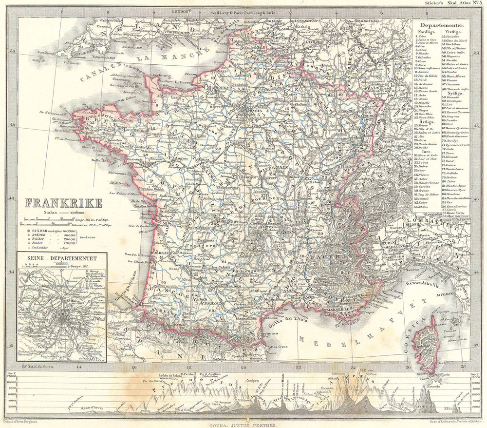 FRANCE. Frankrike. Stieler Mountains Inset 1861 old antique map plan chart