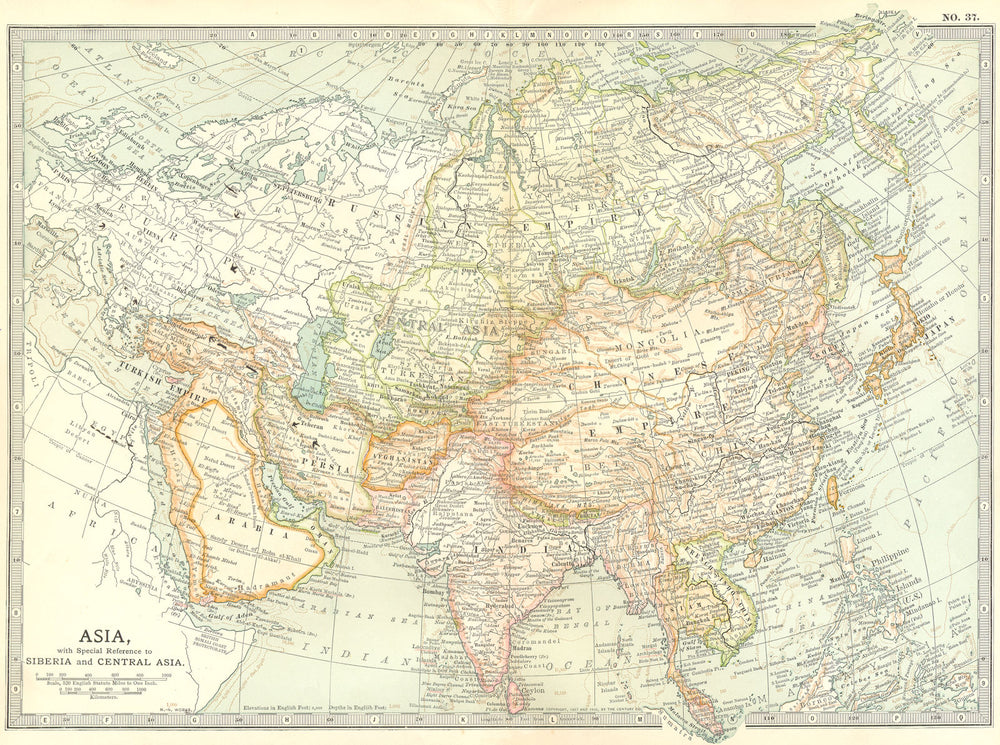 ASIA. With Ref Siberia & Central. Continent 1903 old antique map plan chart