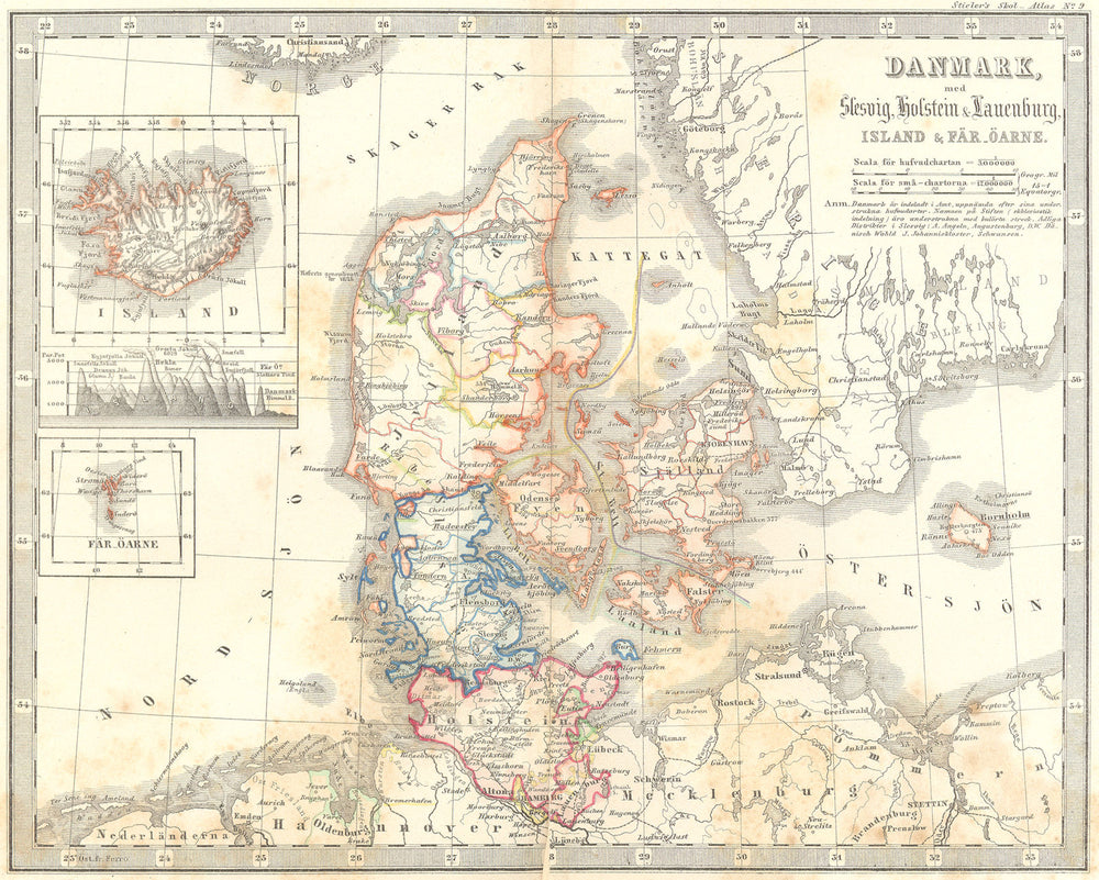 DANMARK. Slesvig Holstein Lauenburg, Island 1861 old antique map plan chart