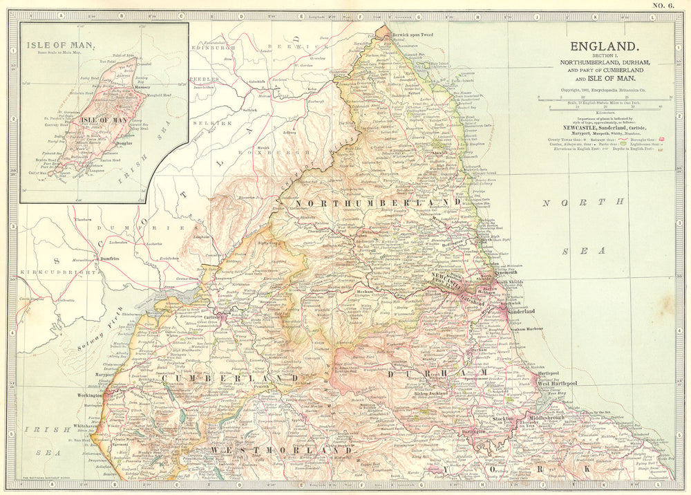 ENGLAND. Northumbs, Durham, Cumbria Isle of Man 1903 old antique map chart