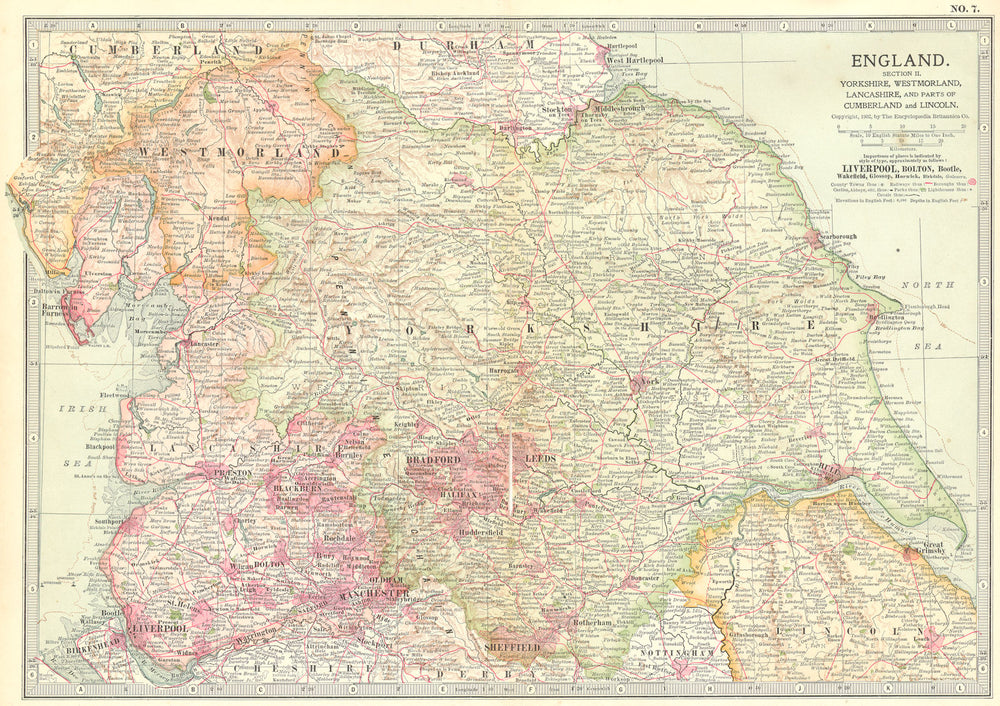 ENGLAND. Yorks, Westmorland, Lancs, Cumbria Lincs 1903 old antique map chart