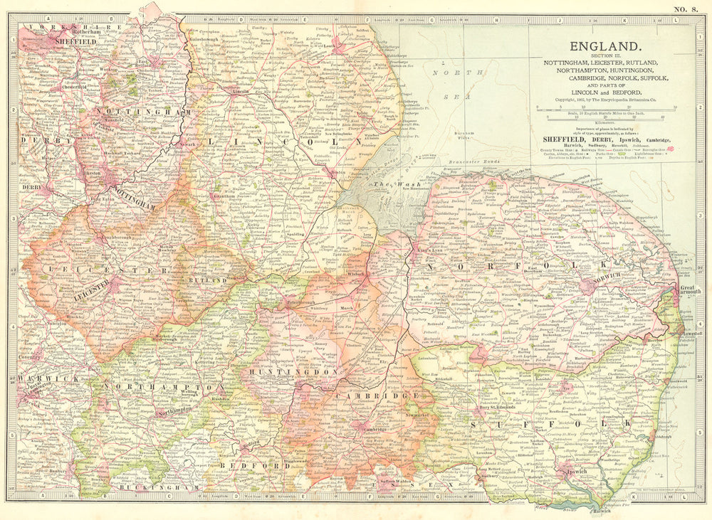 EAST MIDLANDS ANGLIA. Notts Leics Hunts Cambs 1903 old antique map plan chart
