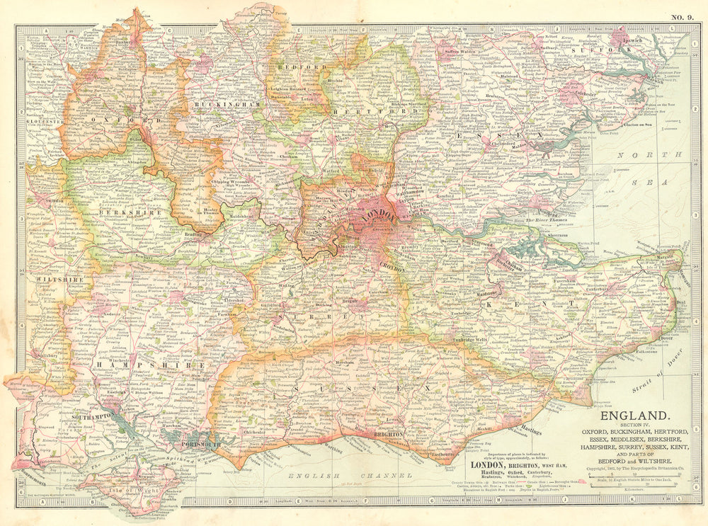 SE ENGLAND. Home Counties. Inc Bucks Essex, Middx 1903 old antique map chart