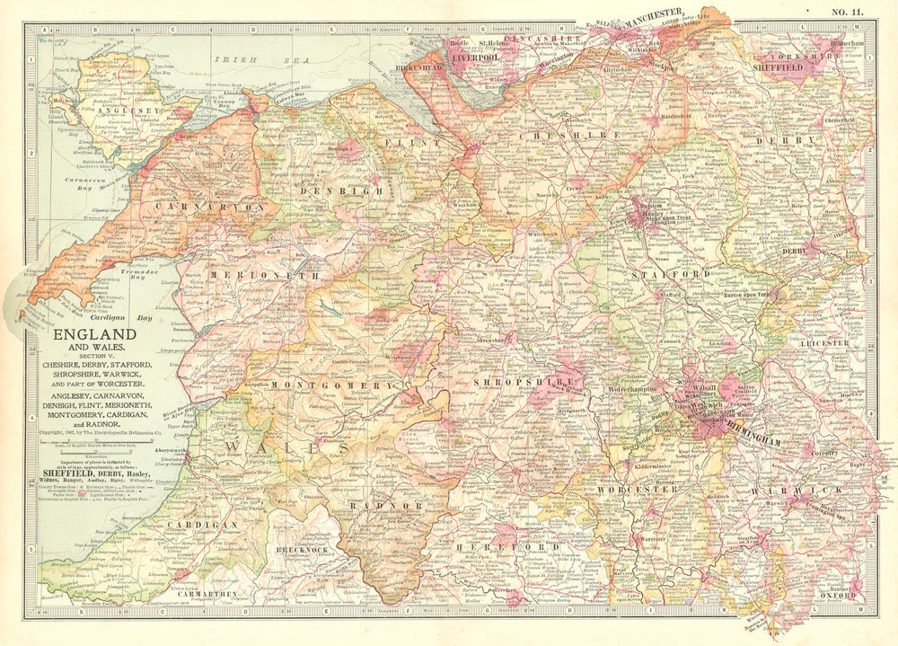 UK. West Midlands England & North Wales 1903 old antique map plan chart
