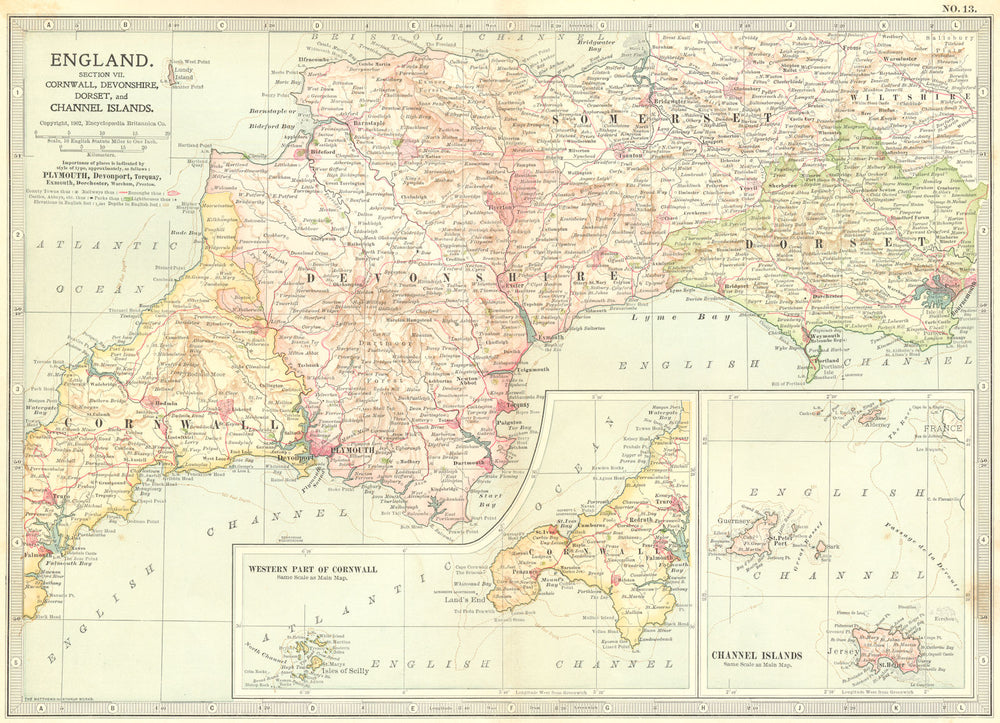 ENGLAND. Cornwall, Devon, Dorset, Channel Isles 1903 old antique map chart