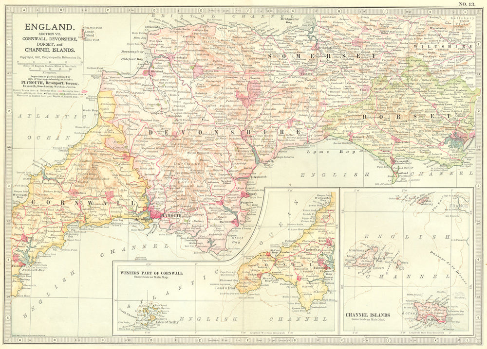 ENGLAND. Cornwall, Devon, Dorset, Channel Islands 1903 old antique map chart