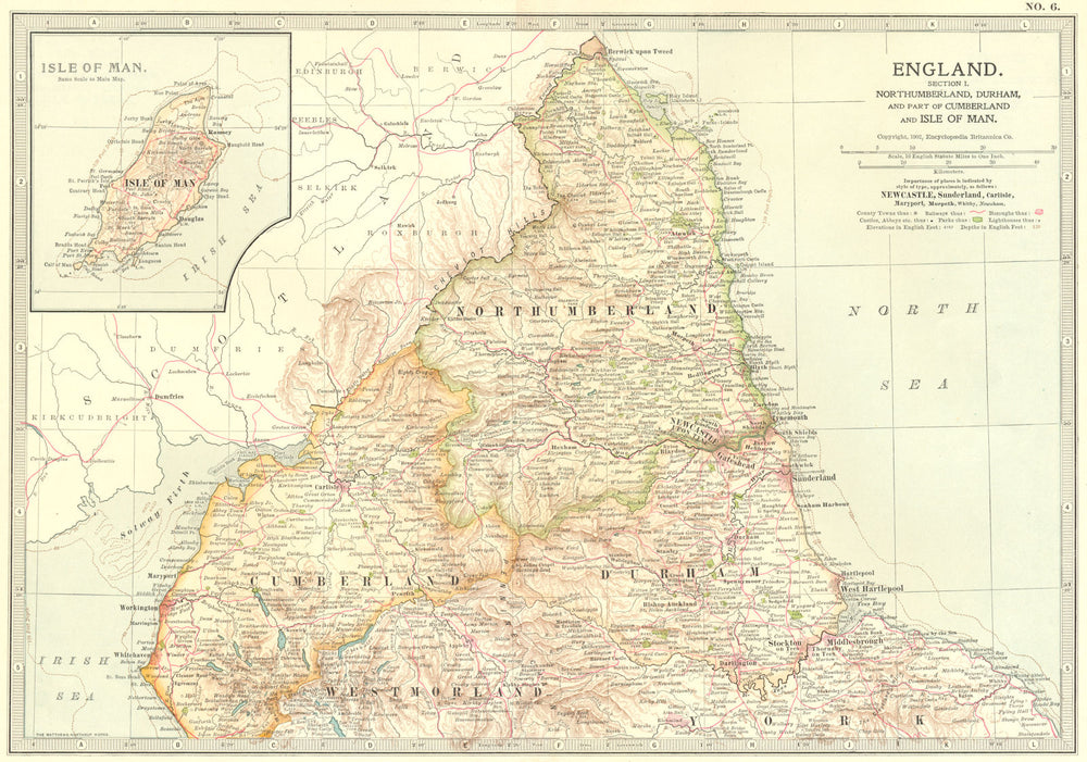 ENGLAND. Northumbs, Durham, Cumbria Isle of Man 1903 old antique map chart