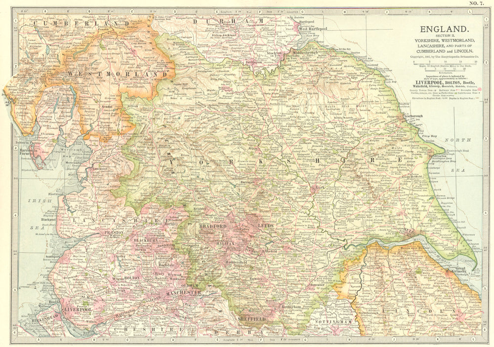 ENGLAND. Yorks, Westmorland, Lancs, Cumbria Lincs 1903 old antique map chart
