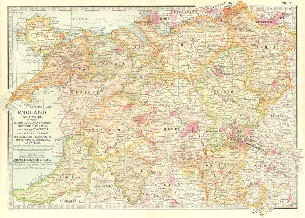 UK. West Midlands England & North Wales 1903 old antique map plan chart