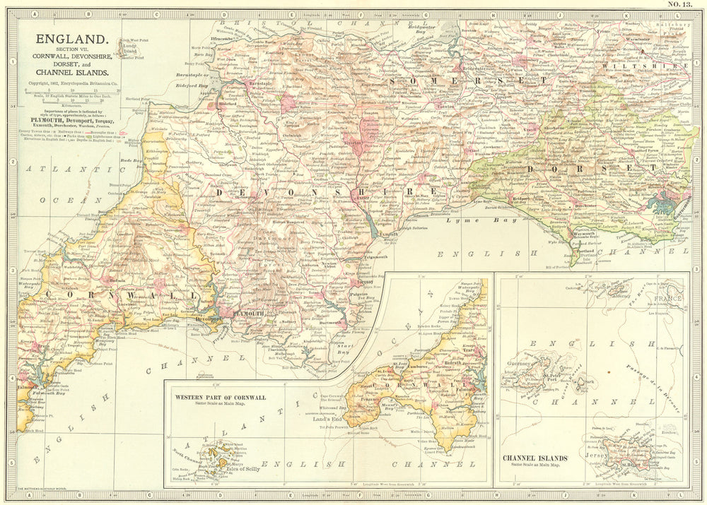 ENGLAND. Cornwall, Devon, Dorset, Channel Islands 1903 old antique map chart