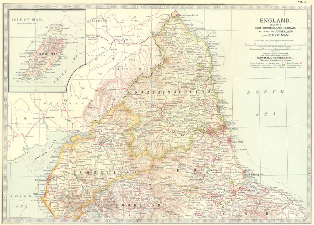 ENGLAND. Northumbs Durham Cumbria Isle of Man 1903 old antique map plan chart