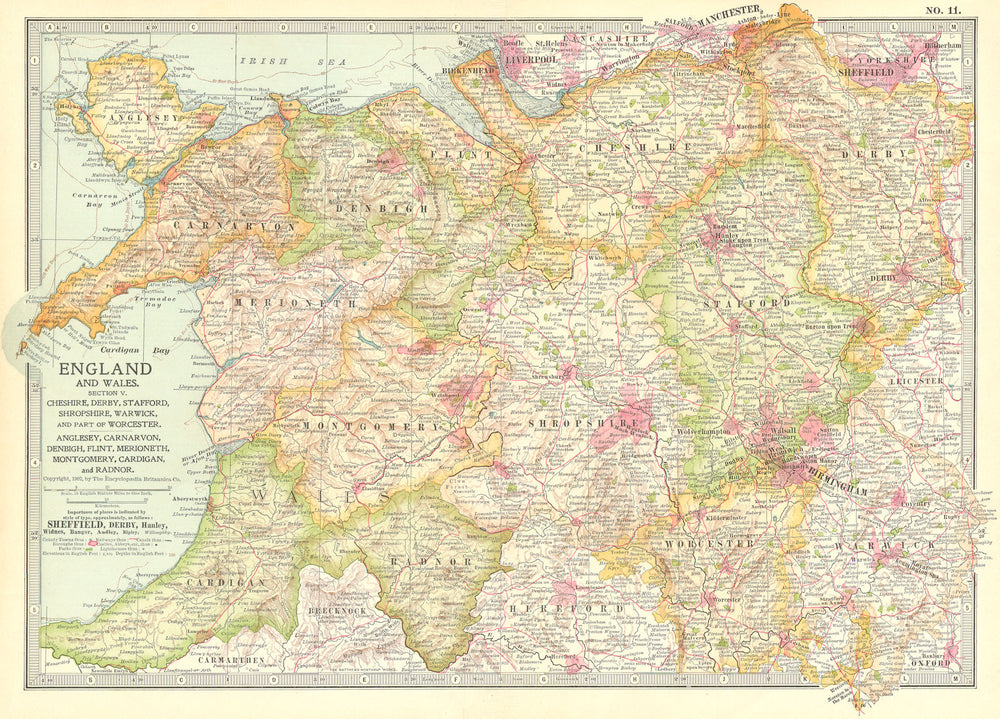 UK. West Midlands England & North Wales 1903 old antique map plan chart
