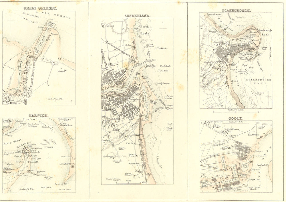 GRIMSBY HARWICH SUNDERLAND GOOLE SCARBOROUGH.  1860 old antique map plan chart