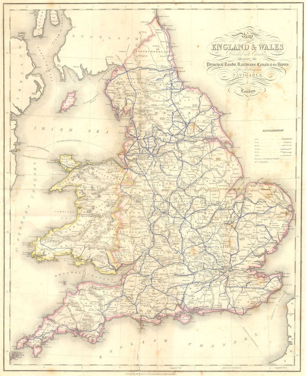 ENGLAND WALES. Roads, rail, canals, rivers. Lewis 1848 old antique map chart