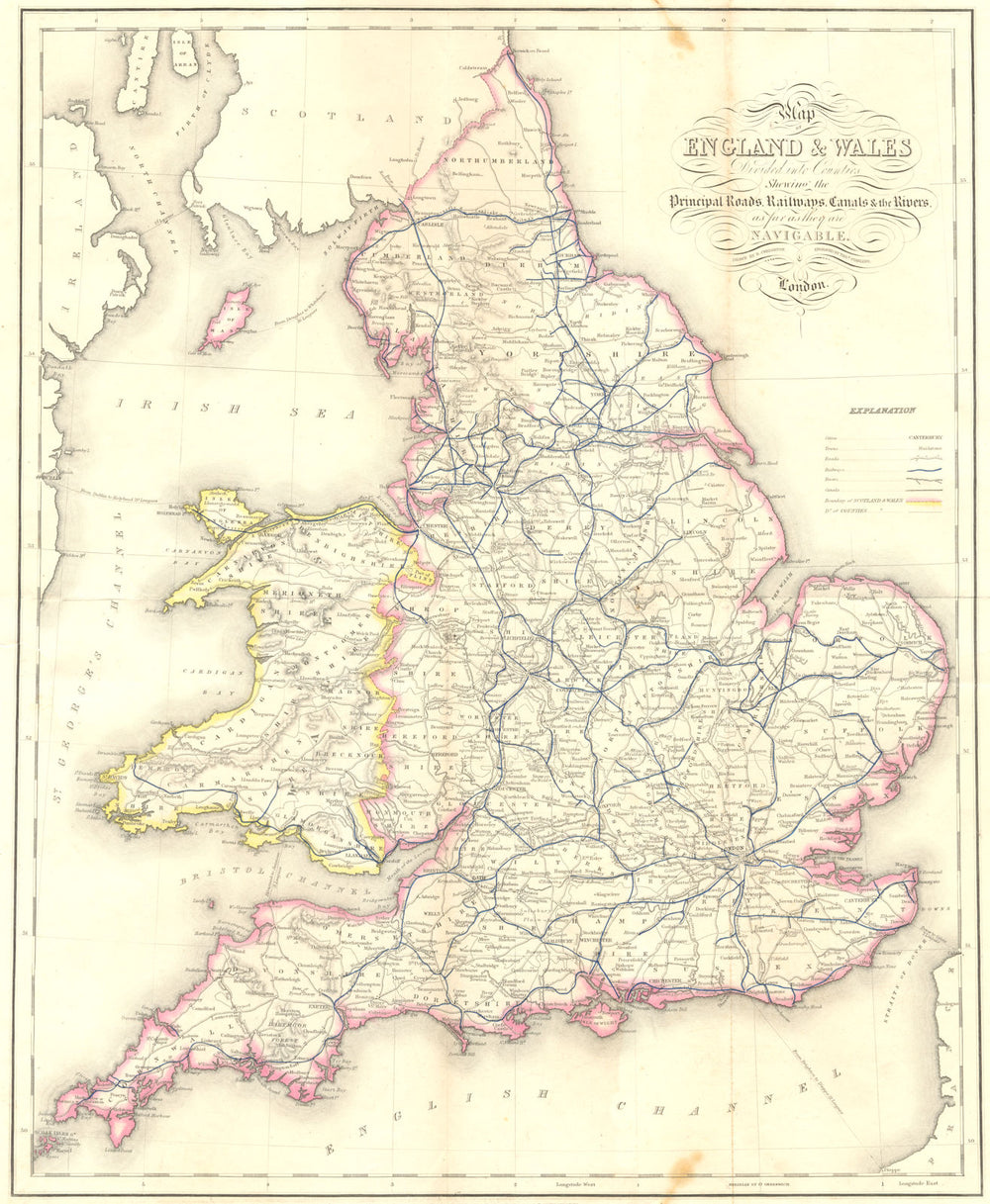 ENGLAND WALES. Roads, rail, canals, rivers. Lewis 1849 old antique map chart