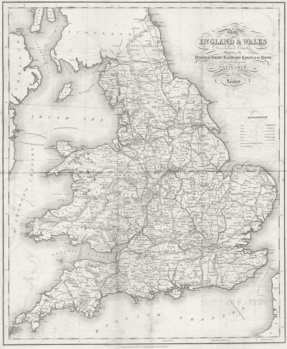 ENGLAND WALES. Roads, rail, canals, rivers. Lewis c1840 old antique map chart