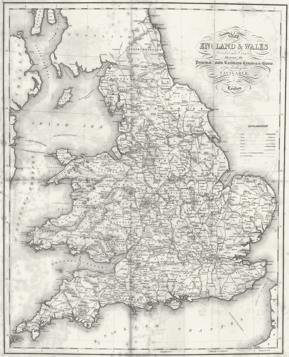 ENGLAND WALES. Roads, rail, canals rivers Lewis 1837 old antique map chart