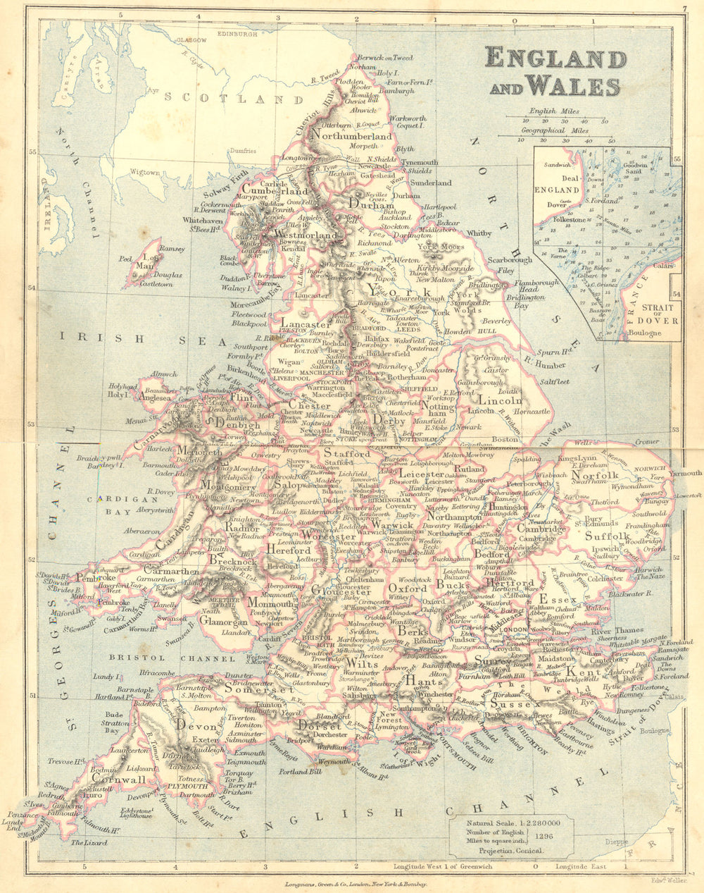UK. England Wales. LONGMANS 1897 old antique vintage map plan chart