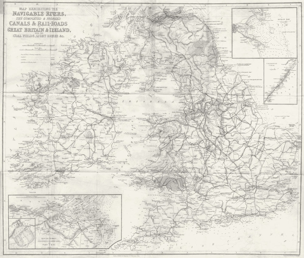 UK EIRE. River canal rail coalfield lighthouse 1851 old antique map plan chart