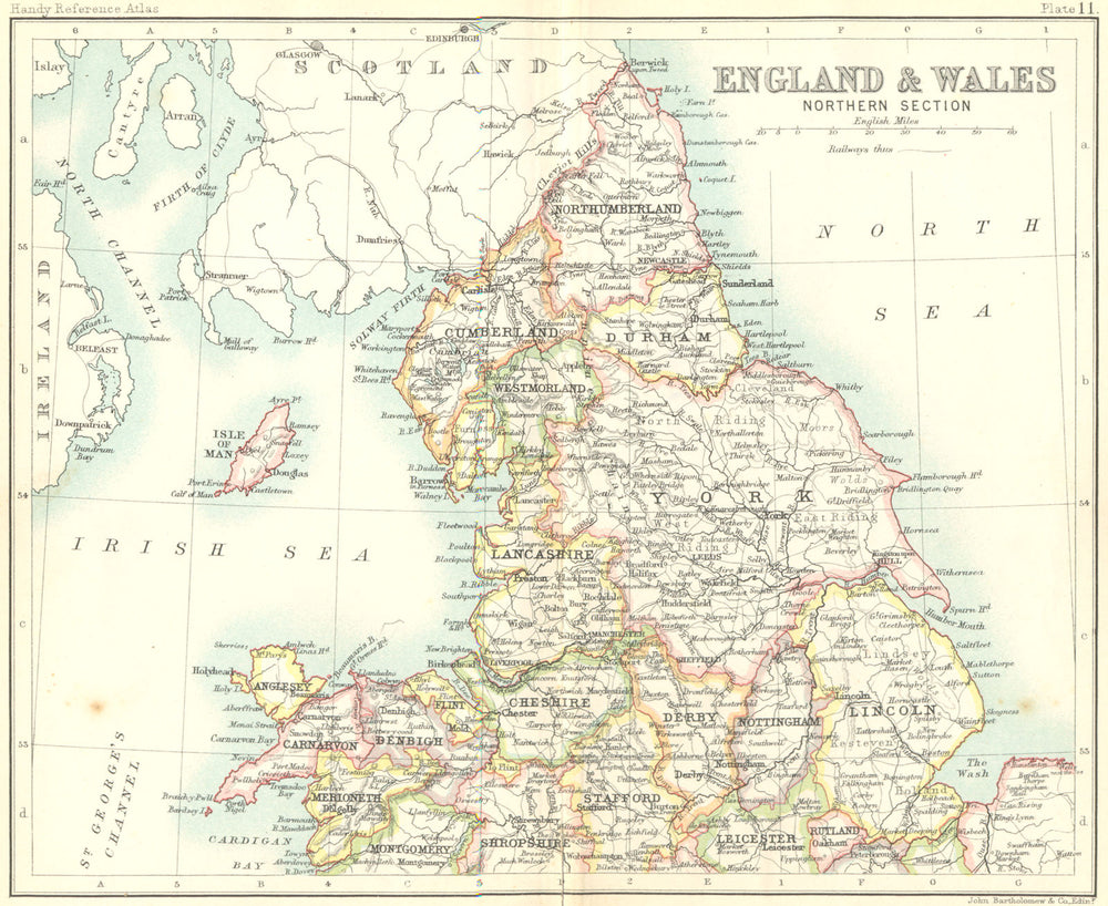 ENGLAND WALES. North. Walker Bartholomew 1896 old antique map plan chart