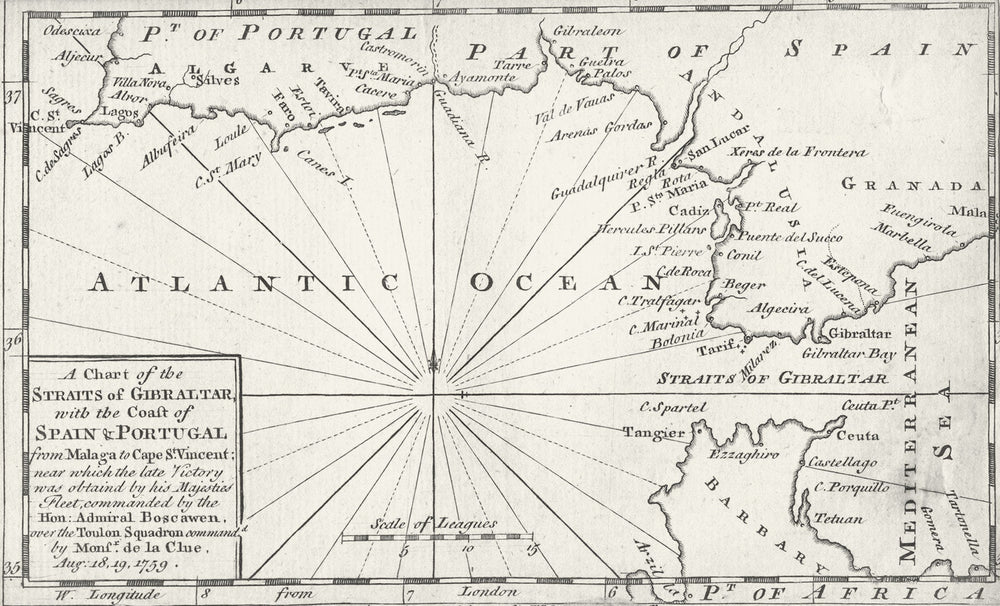GIBRALTAR. Chart of Straits, Spain & Portugal 1759 old antique map plan