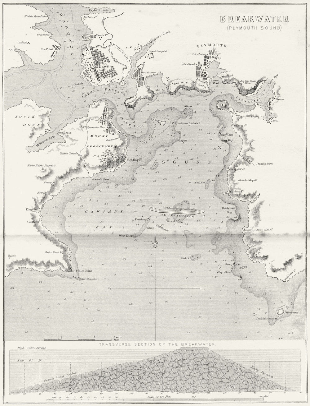 DEVON. Breakwater(Plymouth Sound) c1850 old antique vintage map plan chart