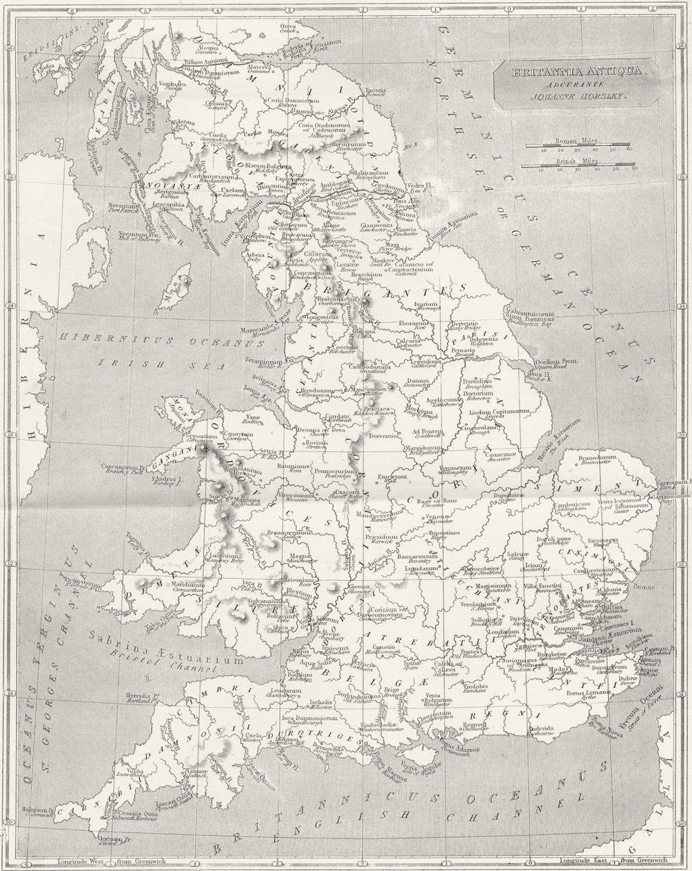 UK. Roman Britain Britannia town names; Horsley c1850 old antique map chart