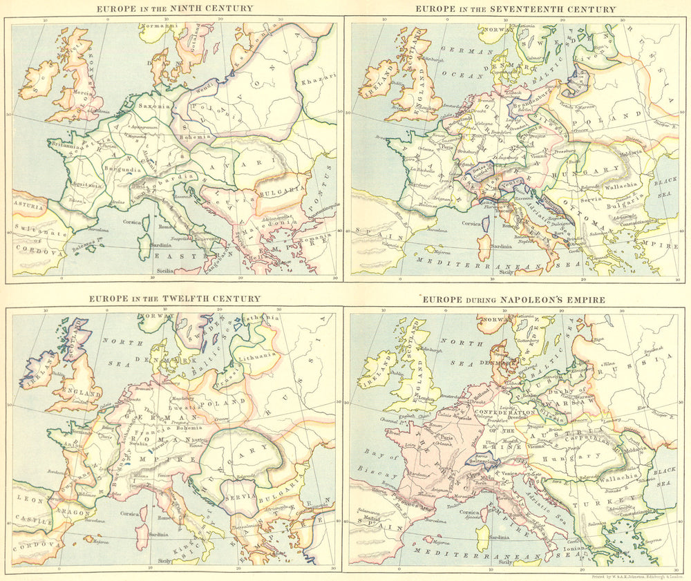Europe. 9th, 12th, 17th Century Napoleon Empire c1880 old antique map chart