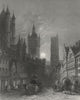GHENT. Church St Bavon Beffrou Nicholas, Moonlight 1840 old antique print