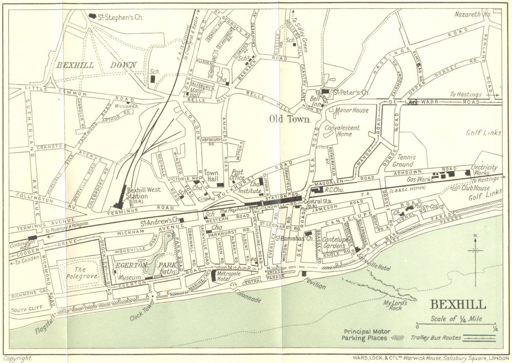 BEXHILL vintage town/city plan. Sussex. WARD LOCK 1934 old vintage map chart