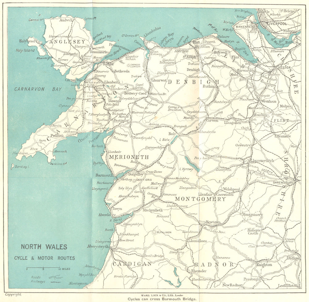 NORTH WALES CYCLE & MOTOR ROUTES. Railways. WARD LOCK 1924 old antique map