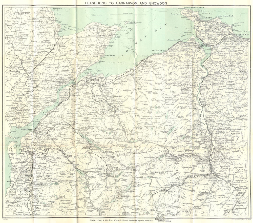 WALES. Llandudno to Caernarvon and Snowdon. WARD LOCK 1924 old antique map