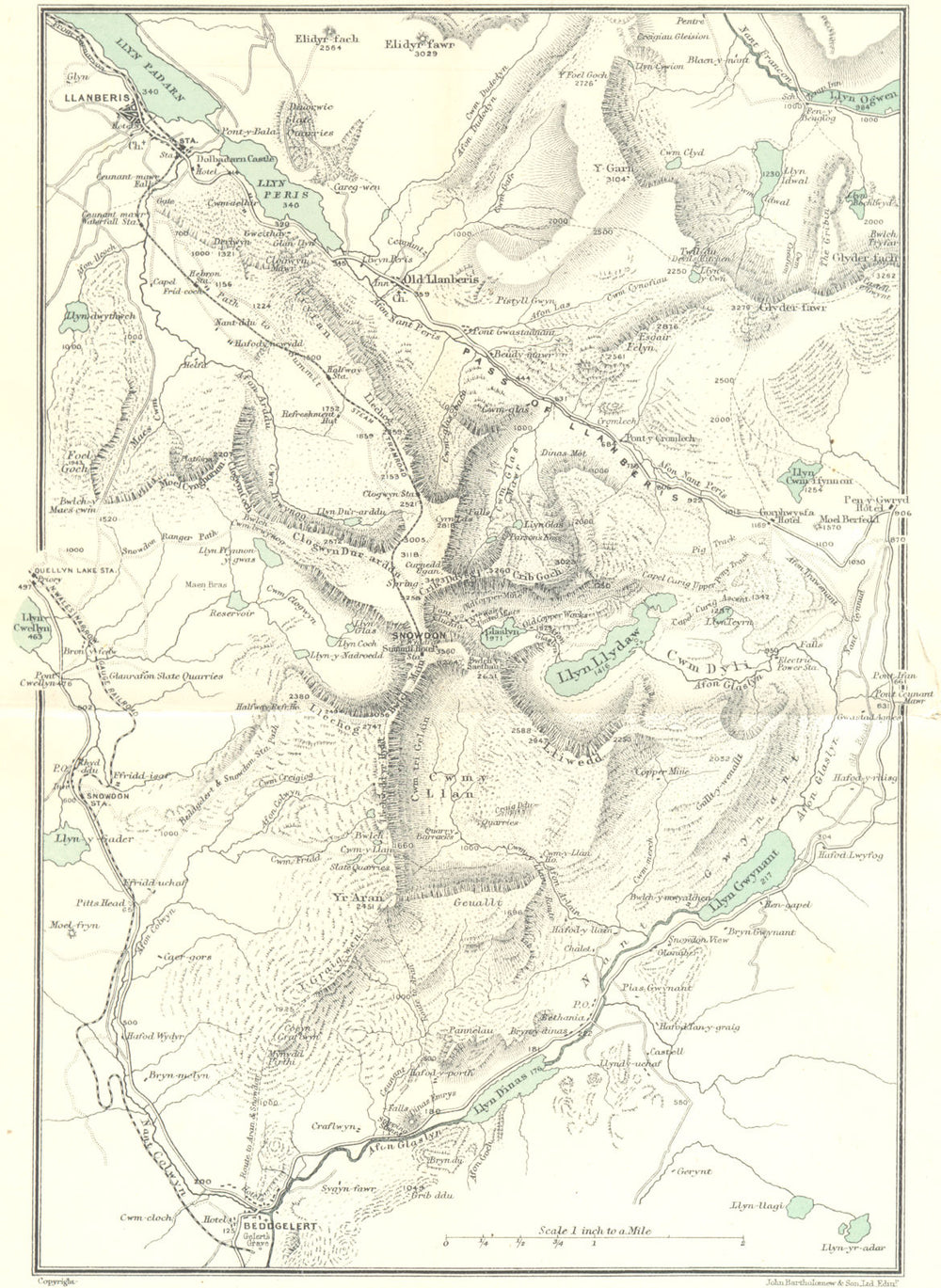 SNOWDON SHOWING PATHS TO SUMMIT. Llanberis. WARD LOCK 1924 old antique map