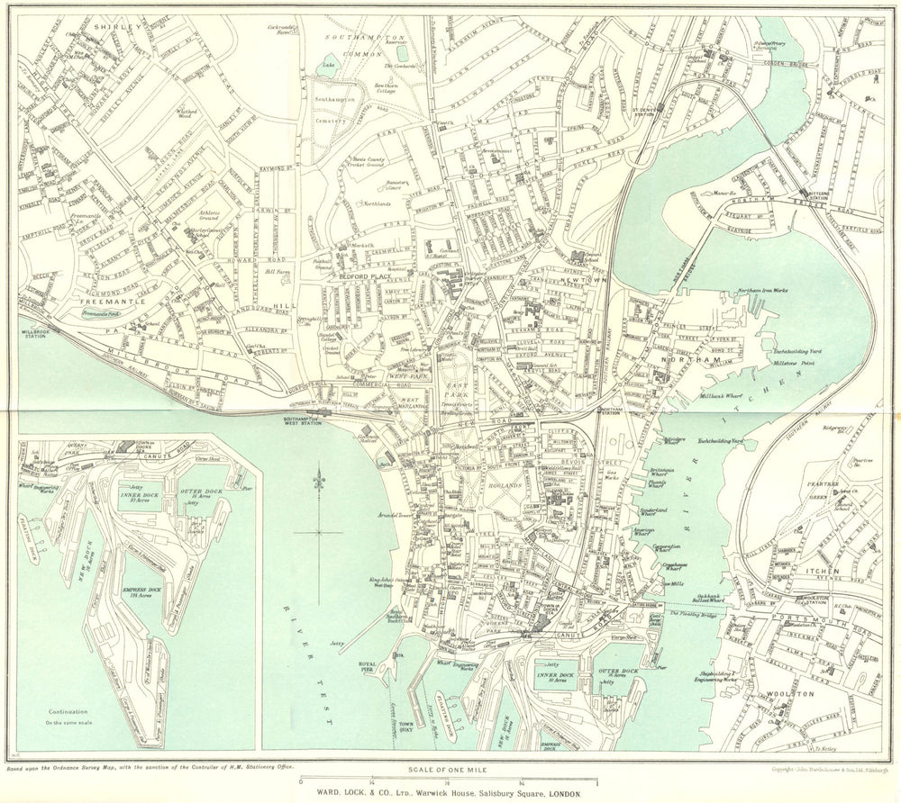 SOUTHAMPTON vintage town/city plan. Hampshire. WARD LOCK 1930 old vintage map