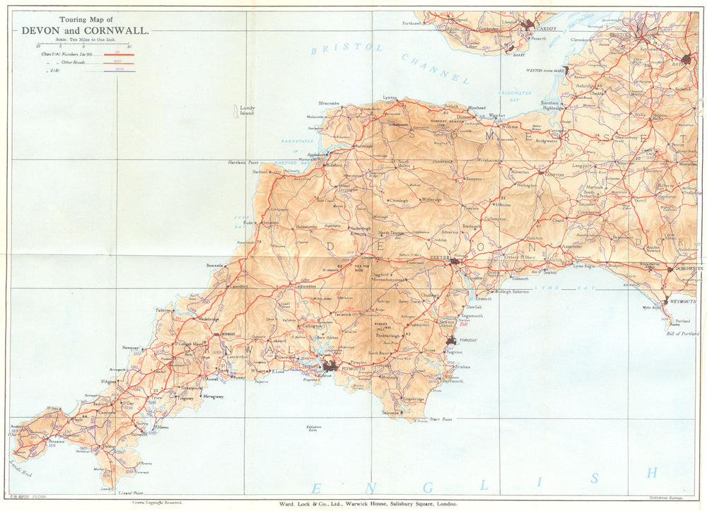 TOURING MAP OF DEVON AND CORNWALL. South West England. WARD LOCK 1934 old